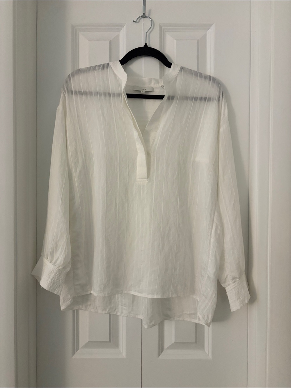 Vince White Sheer Split-Neck Tunic Top